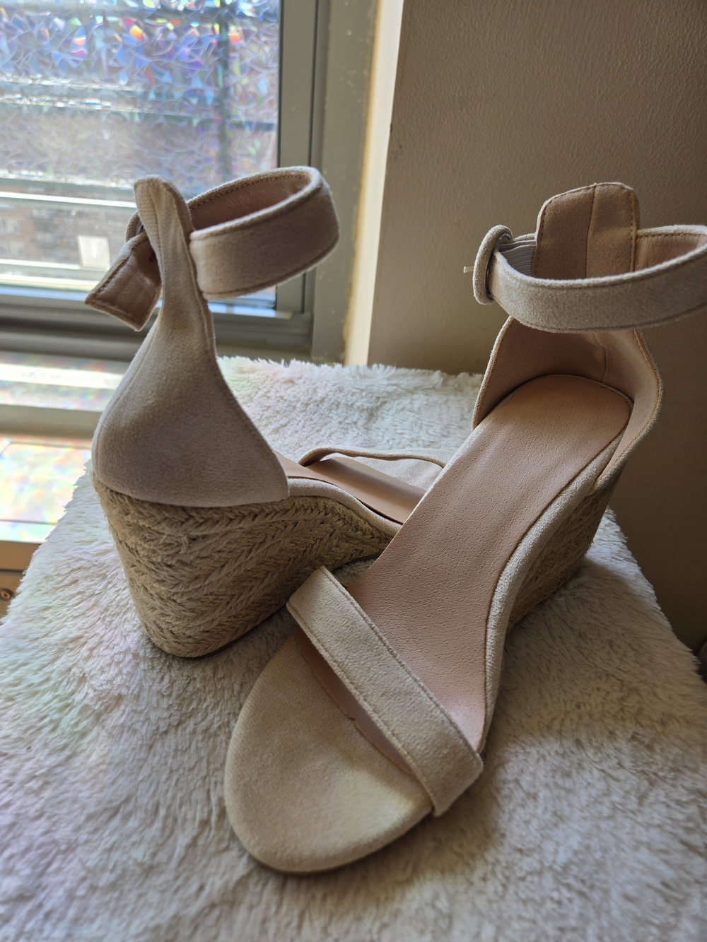 Women's Beige Espadrille Ankle-Strap Wedge Sandals